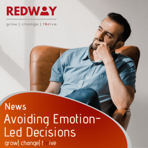 A bearded man sitting in an armchair, deep in thought. At the bottom is the text 'avoiding emotion-led decisions'.